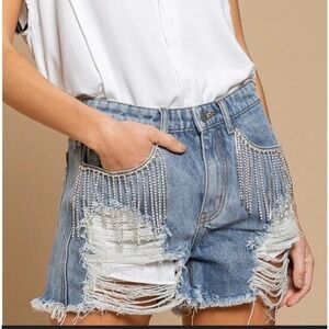 POL Distressed Light Blue Denim Jean Shorts with Silver Fringe